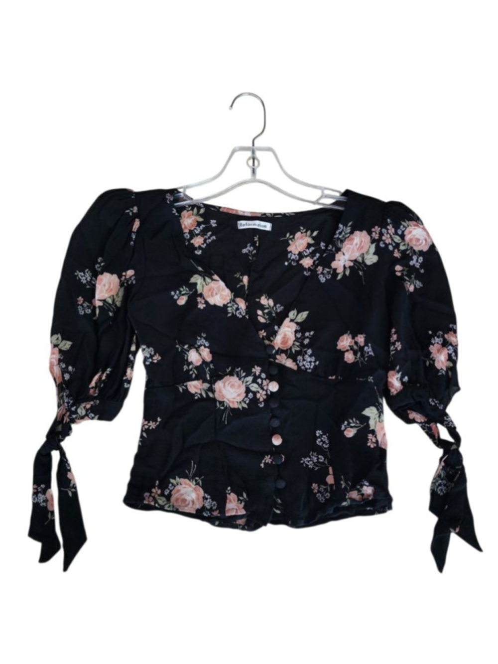 REFORMATION Ana Black Pink Floral V-Neck Button-Front Crop Top Blouse Size 0 - Picture 5 of 8